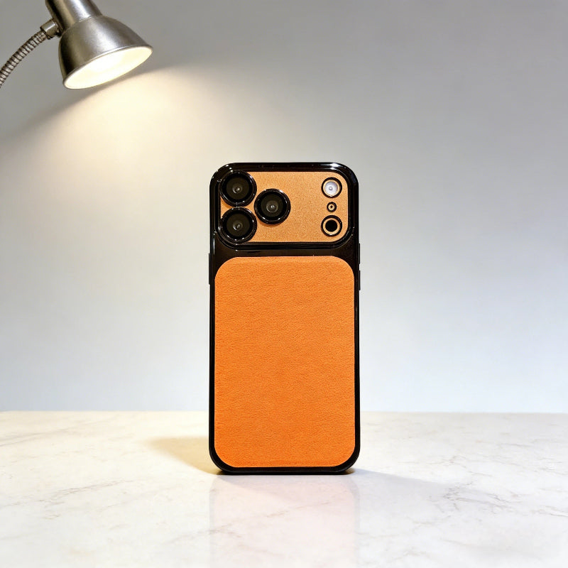 CASESUN orange electroplated vegan leather case for iPhone 17.