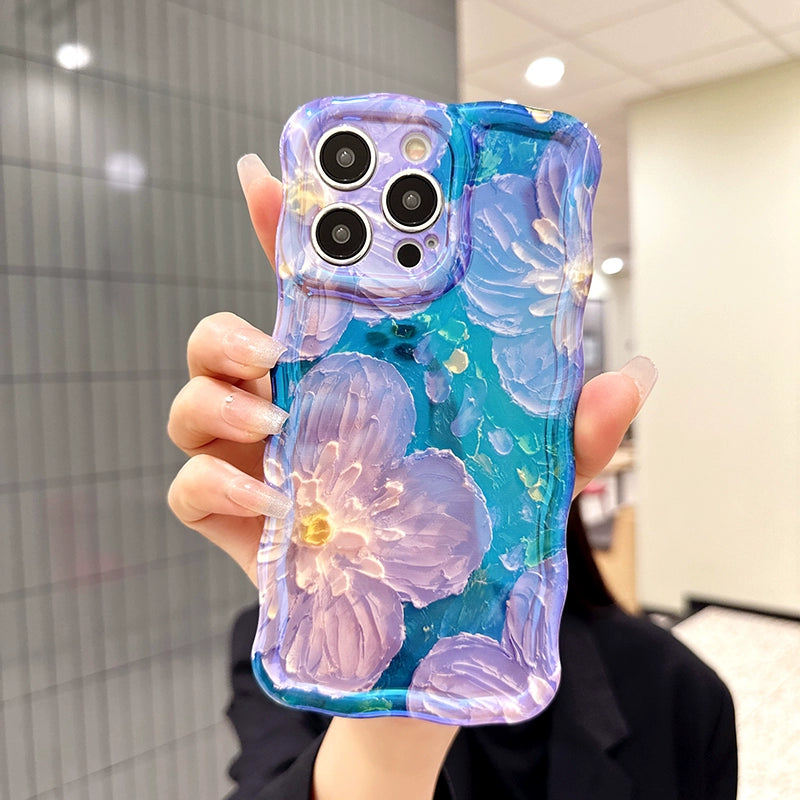 Ins Hot oil painting colorful flowers new anti-fall Blu-ray phone case with lanyard for iPhone
