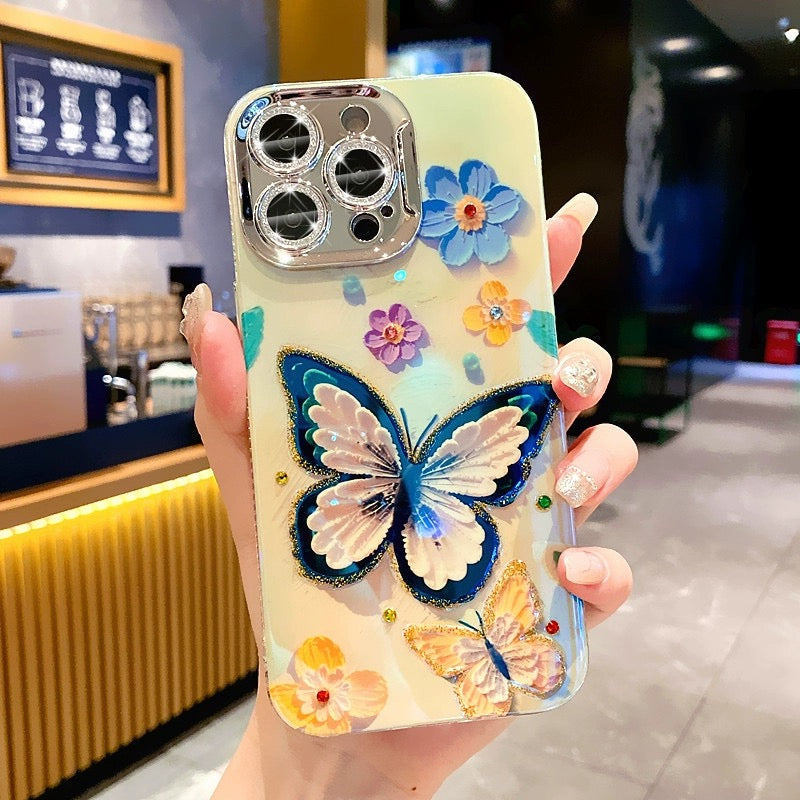 Ins Hot Oil Painting Flower & Butterfly flash lens film fresh flower girl anti drop cute phone case more than 100+ colors for iPhone