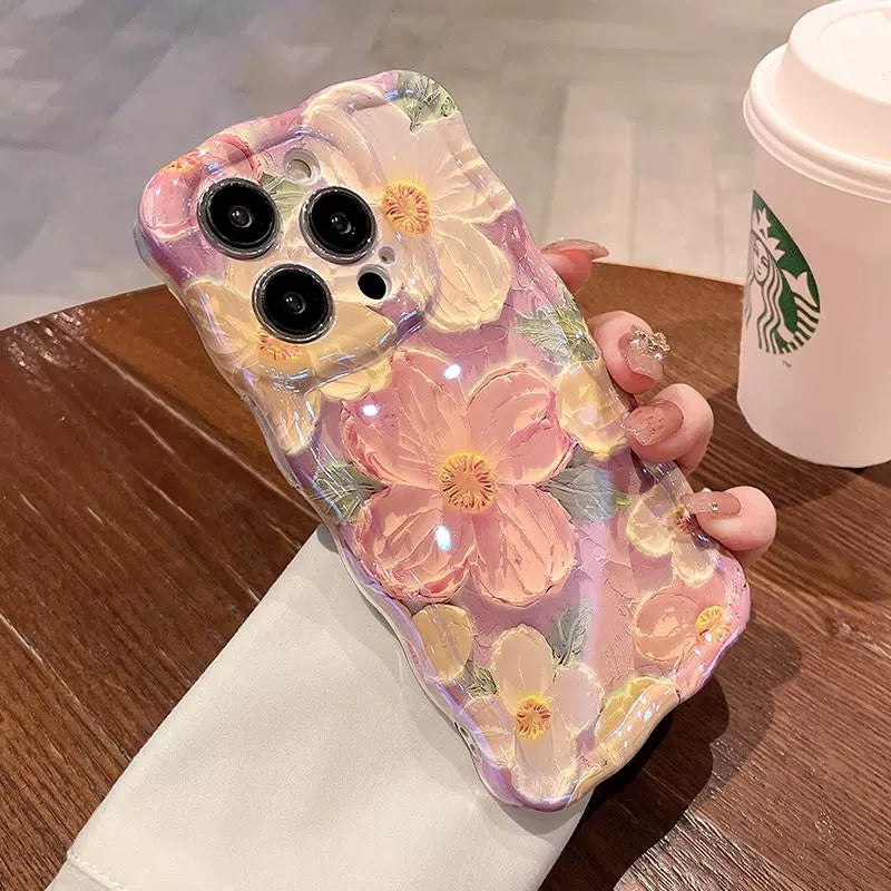 Ins Hot Oil Painting Flower & Butterfly flash lens film fresh flower girl anti drop cute phone case more than 100+ colors for iPhone