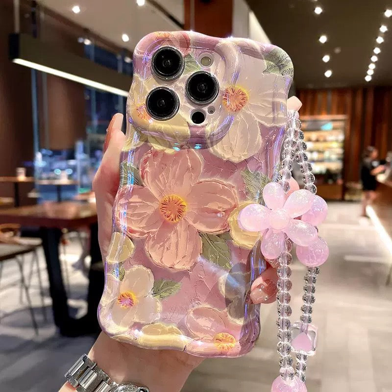 Ins Hot Oil Painting Flower & Butterfly flash lens film fresh flower girl anti drop cute phone case more than 100+ colors for iPhone