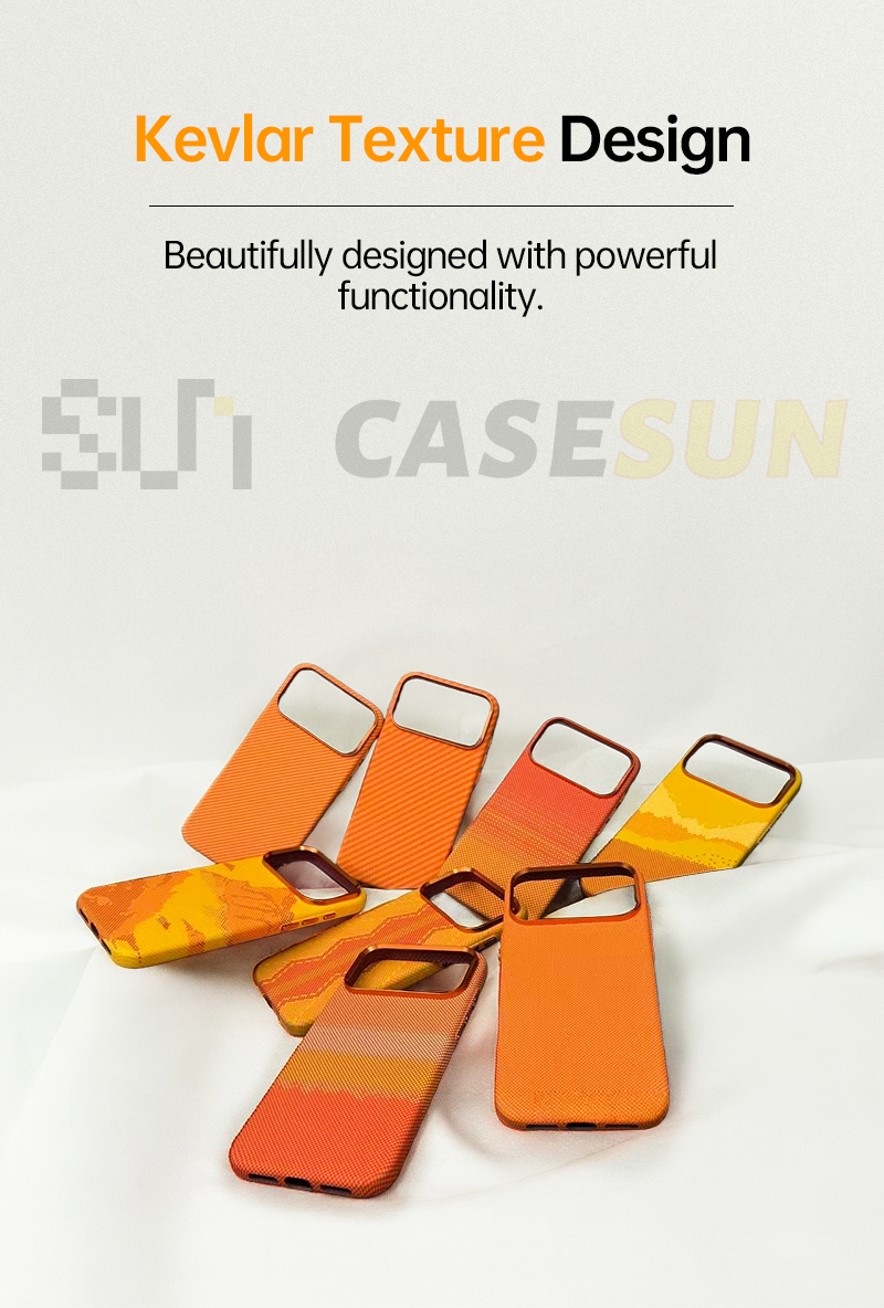 CASESUN Kevlar texture design series cases for iPhone 17 Pro Max, featuring multiple patterns and colors.