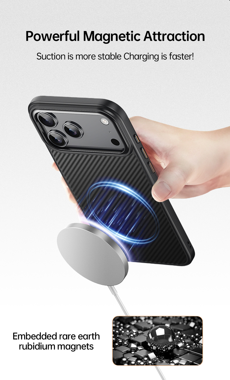 CaseSun carbon fiber patterned iPhone 17 Pro Max case – hidden magnetic suction design for fast charging and stable magnetic attachment.