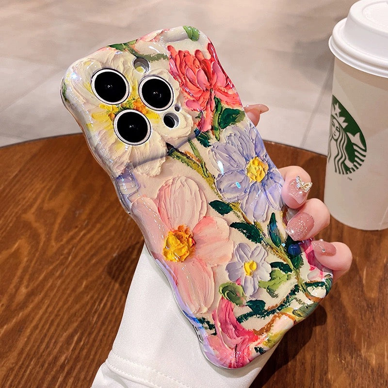 Ins Hot oil painting colorful flowers new anti-fall Blu-ray phone case with lanyard for iPhone