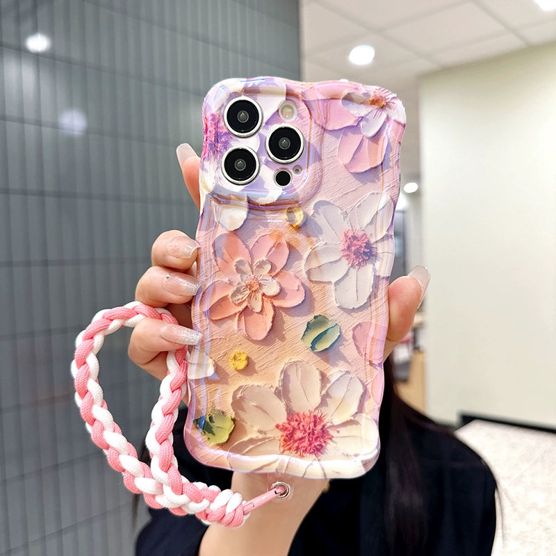 Ins Hot oil painting colorful flowers new anti-fall Blu-ray phone case with lanyard for iPhone