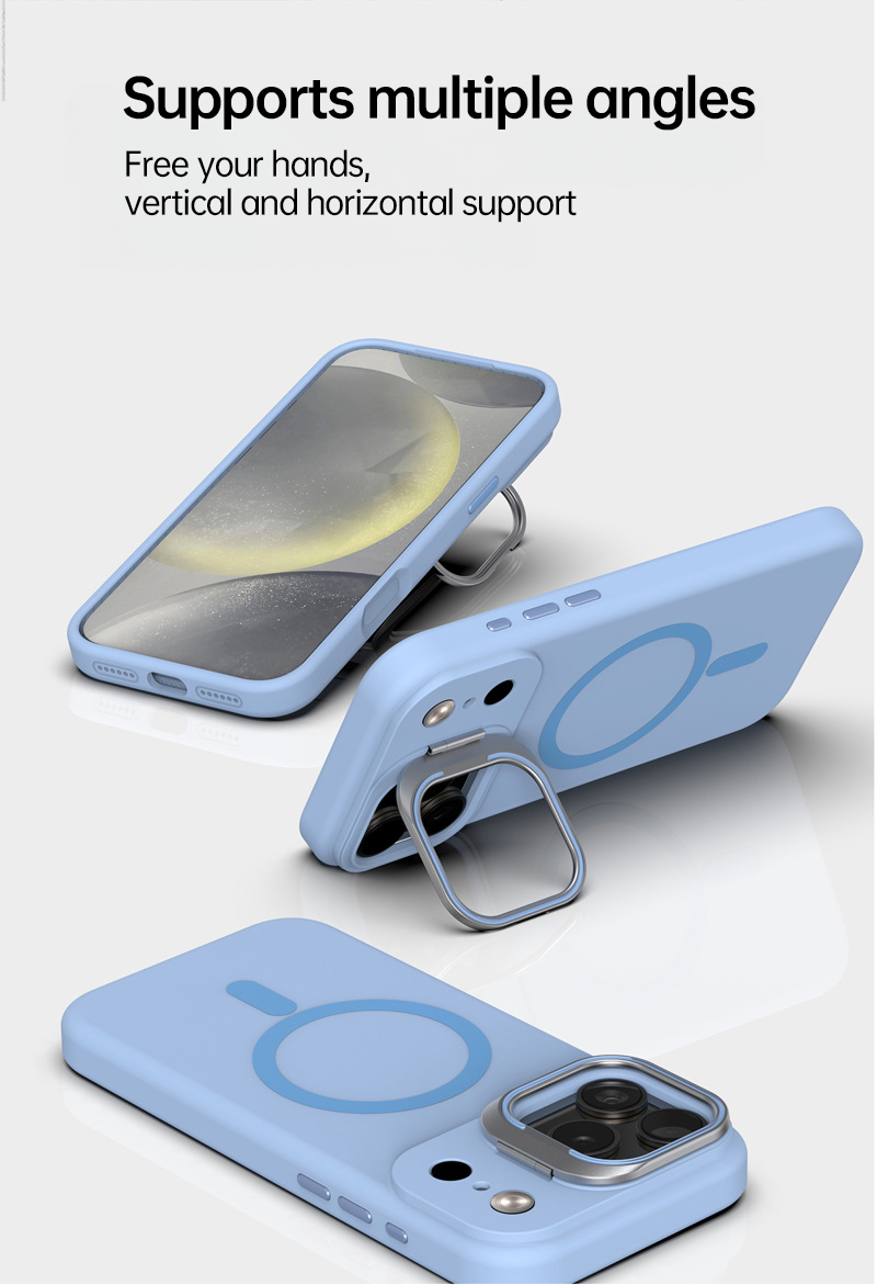 CaseSun-Blue iPhone 17 case with hidden lens ring stand supporting vertical and horizontal viewing angles.