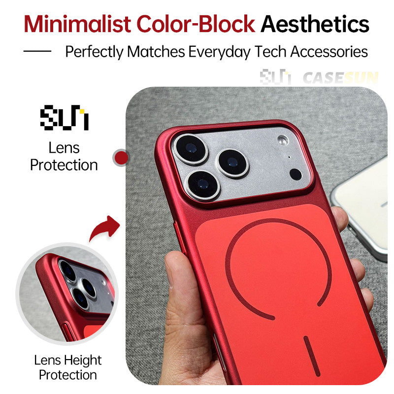 CASESUN Raised metal camera guard protecting iPhone lenses on red case
