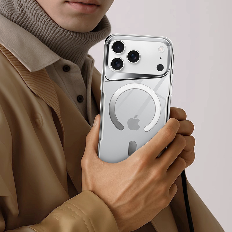 CASESUN-Man holding iPhone 17 Pro Max with clear MagSafe protective case, stylish and premium look