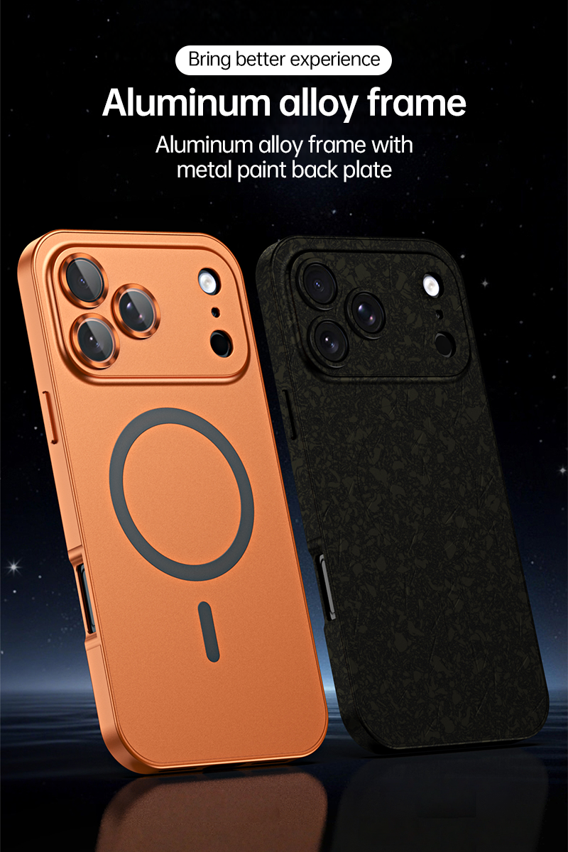 CASESUN-Side-by-side view of orange and textured black iPhone 17 Pro Max cases, showcasing metallic frame and frosted back panel.