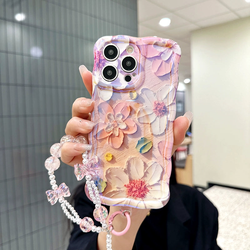 Ins Hot oil painting colorful flowers new anti-fall Blu-ray phone case with lanyard for iPhone