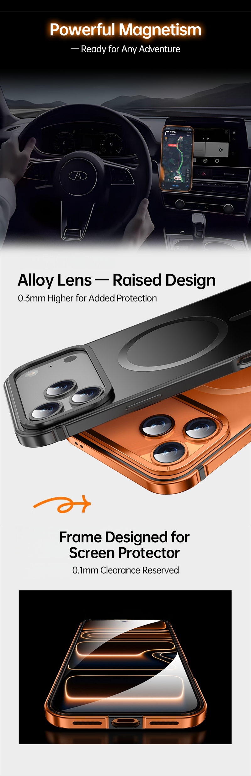 CASESUN iPhone 17 Pro Max case mounted on car dashboard showing strong magnet and raised lens guard.