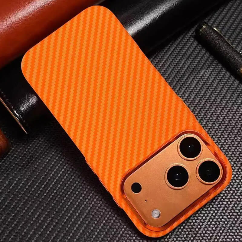 CASESUN Kevlar texture carbon fiber style phone case for iPhone 17 Pro Max with slim hard shell construction.