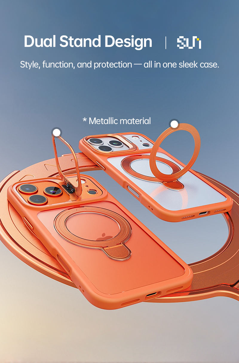 Dual stand MagSafe case for iPhone 17 — two metal kickstands for both portrait and landscape viewing.