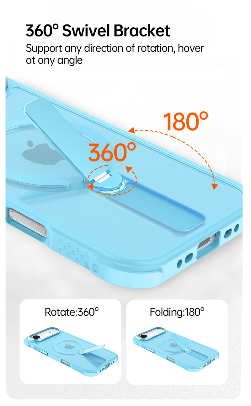 CaseSun-Close-up of iPhone 17 Pro Max case kickstand rotating 360 degrees and folding 180 degrees