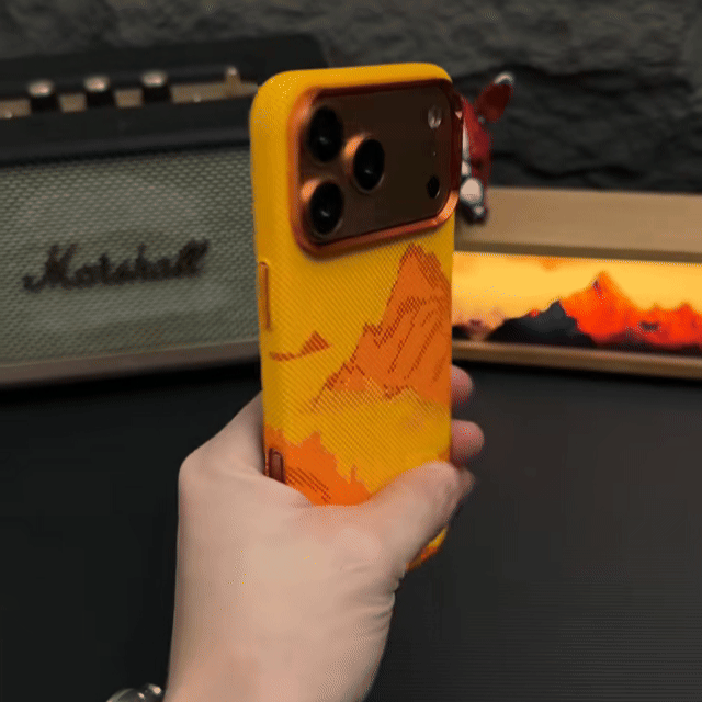 CASESUN Ultra-thin Kevlar texture MagSafe case for iPhone 17 Pro Max in orange, lightweight design with premium grip.