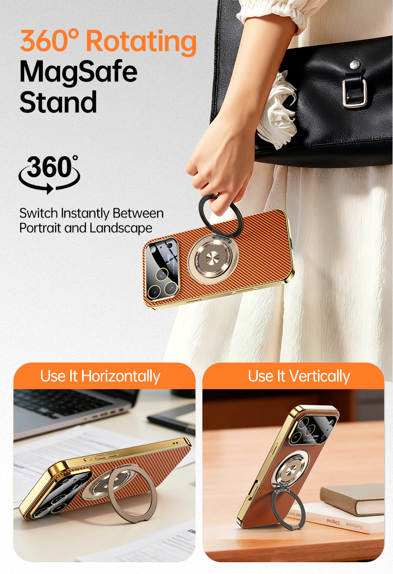 CASESUN iPhone 17 Pro Max MagSafe case with Kevlar matte back and 360° metal magnetic ring stand.