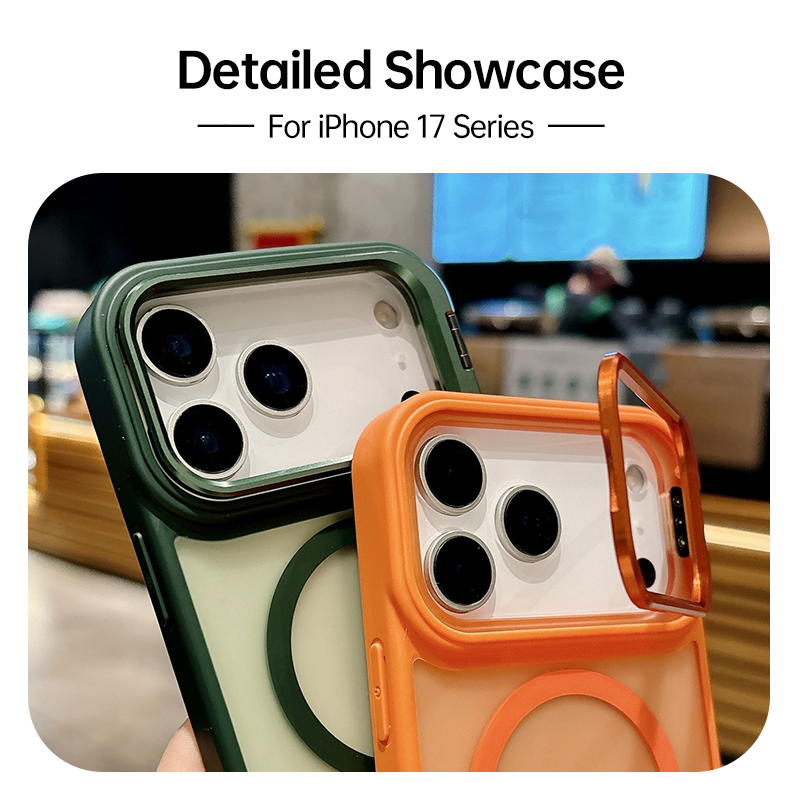 CASESUN detailed showcase of orange and green matte magnetic iPhone 17 cases.