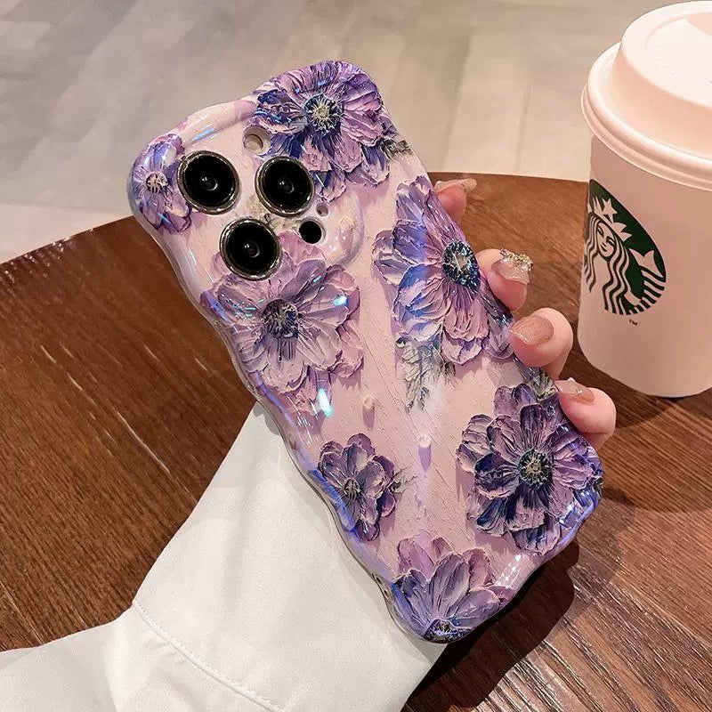 Ins Hot Oil Painting Flower & Butterfly flash lens film fresh flower girl anti drop cute phone case more than 100+ colors for iPhone