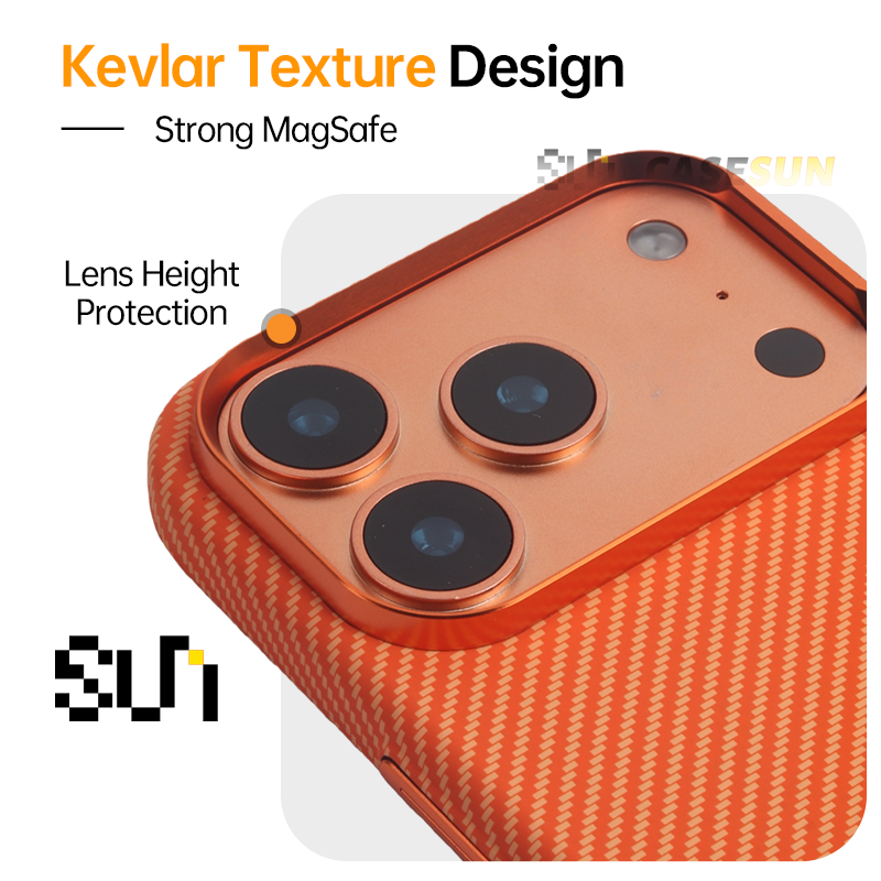 CASESUN Raised camera lens protection design on Kevlar texture case for iPhone 17 Pro Max.