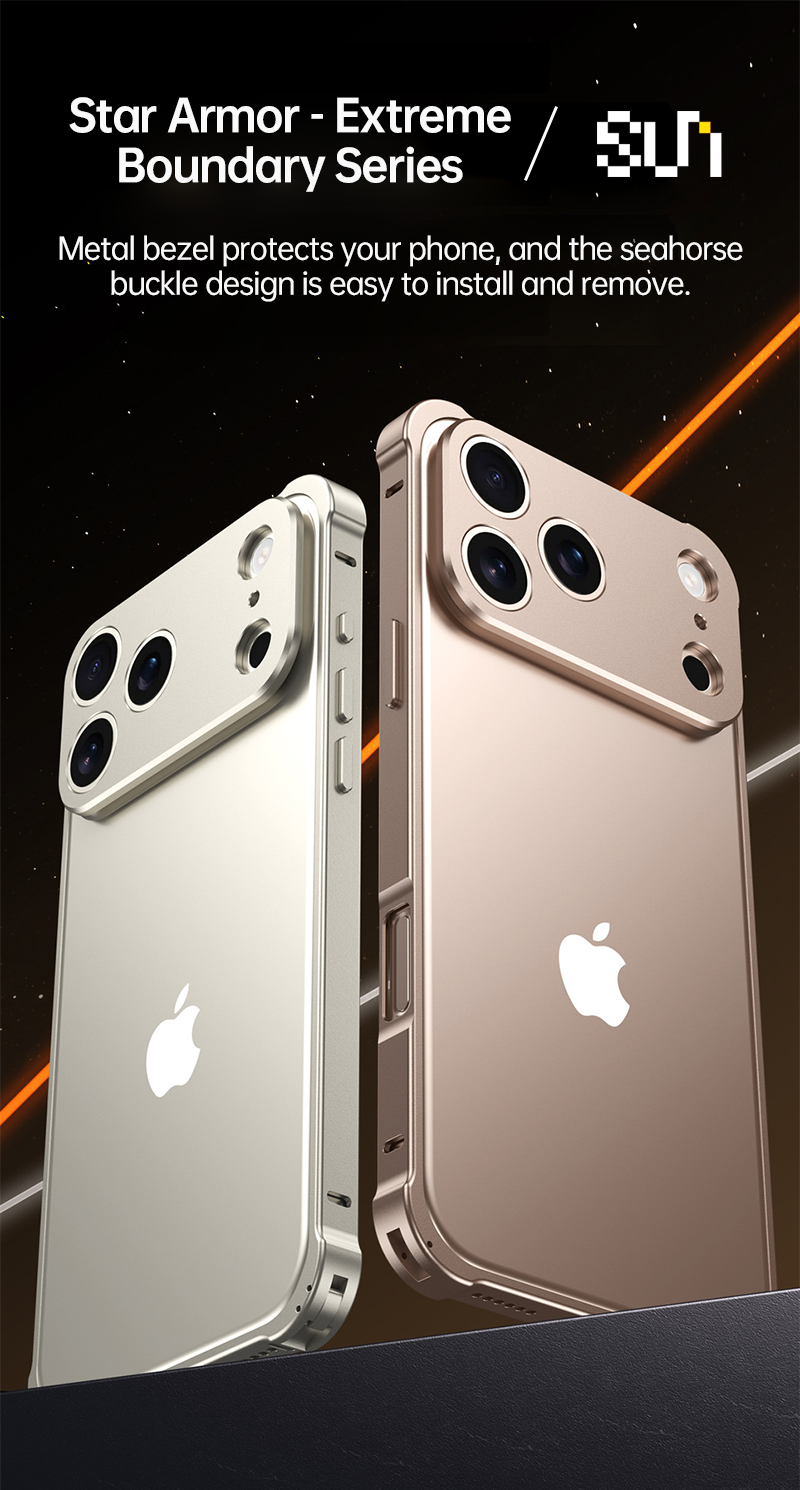 CASESUN iPhone 17 Pro Max metal bumper with seahorse buckle lock — easy to install and remove.