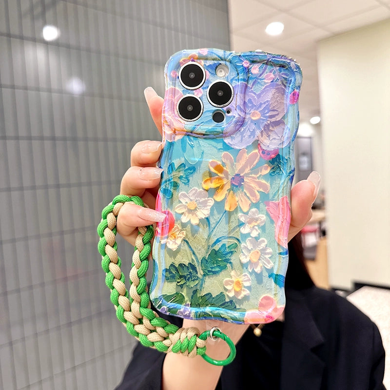 Ins Hot oil painting colorful flowers new anti-fall Blu-ray phone case with lanyard for iPhone