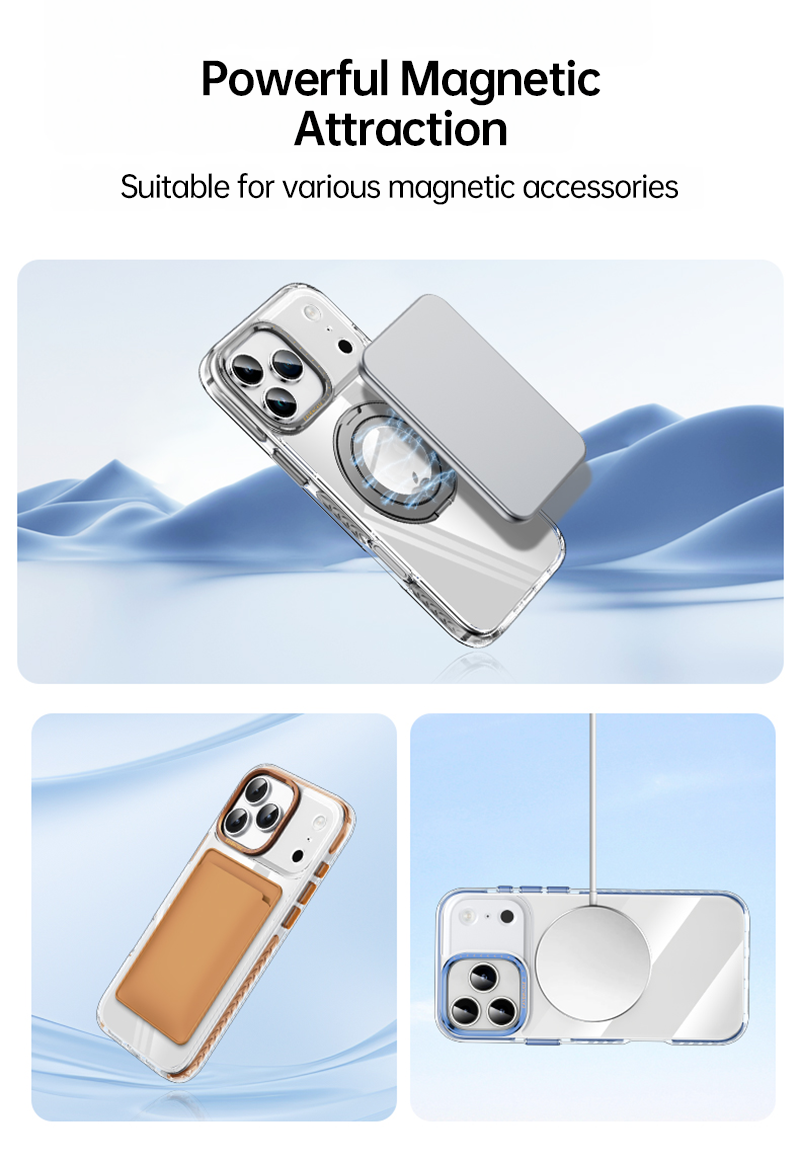 CASESUN-Transparent iPhone 17 Pro Max protective case – crystal-clear back with reinforced edges and magnetic ring.