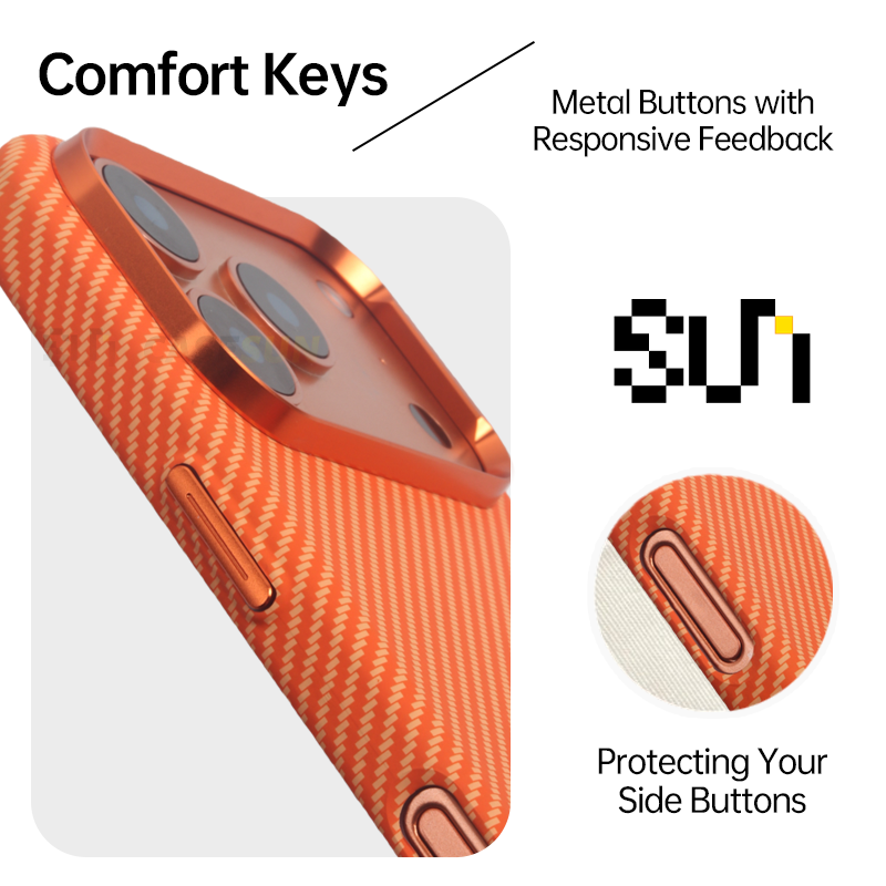 CASESUN Metal buttons with responsive feedback on ultra-thin iPhone 17 Pro Max hard case.