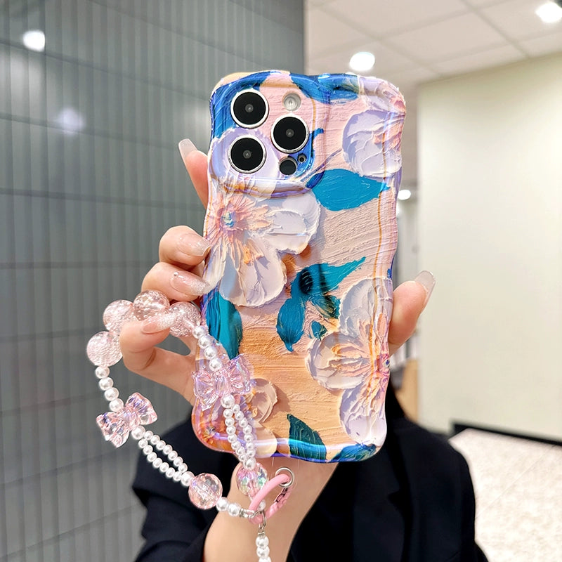 Ins Hot oil painting colorful flowers new anti-fall Blu-ray phone case with lanyard for iPhone