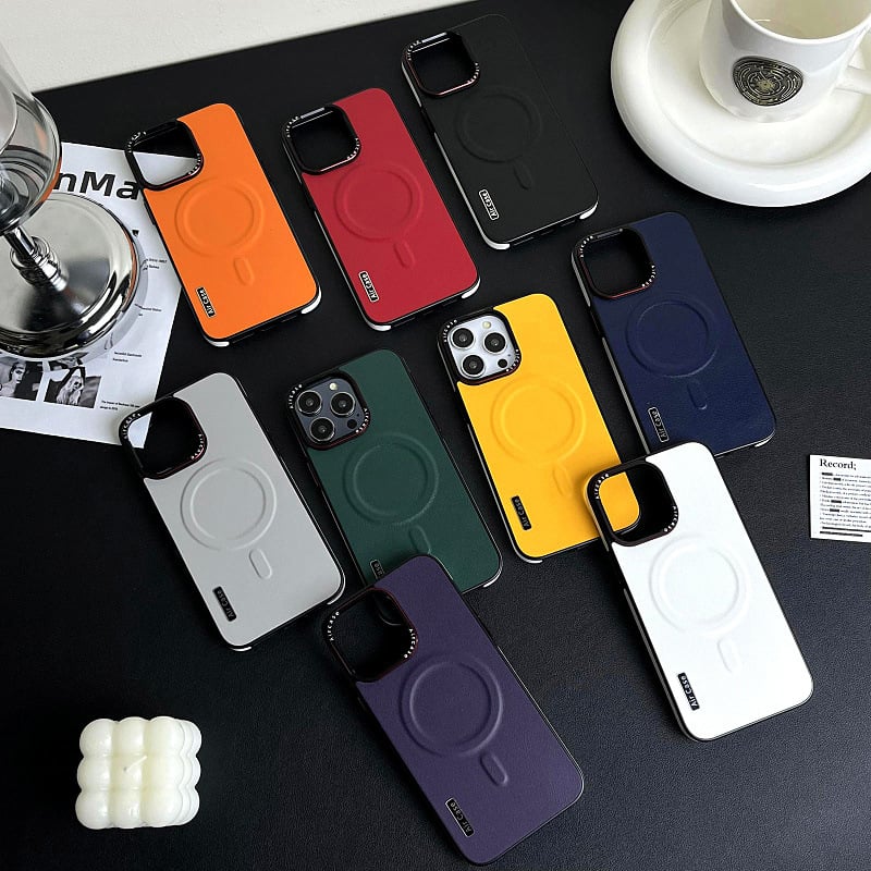 Crash-proof Phone case with color-pigmented leather and metal buttons.