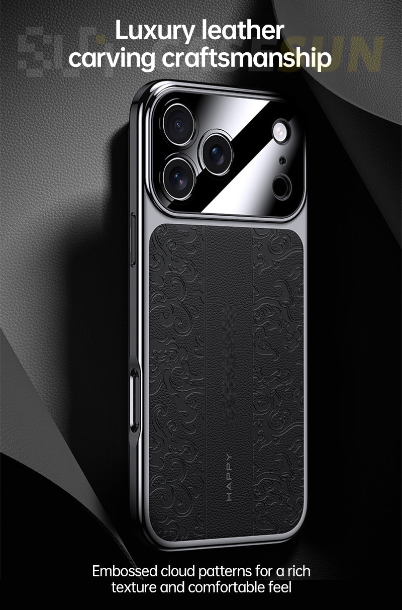 CASESUN dragon-embossed vegan leather case for iPhone 17 Pro Max with electroplated frame and full camera protection