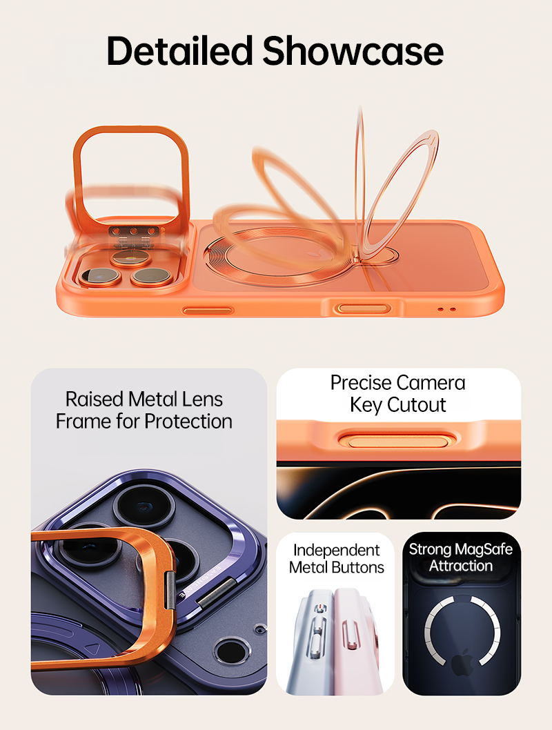 CASESUN Detailed showcase of iPhone 17 Dual Stand Case — metal lens frame, precision cutouts, and strong magnets.