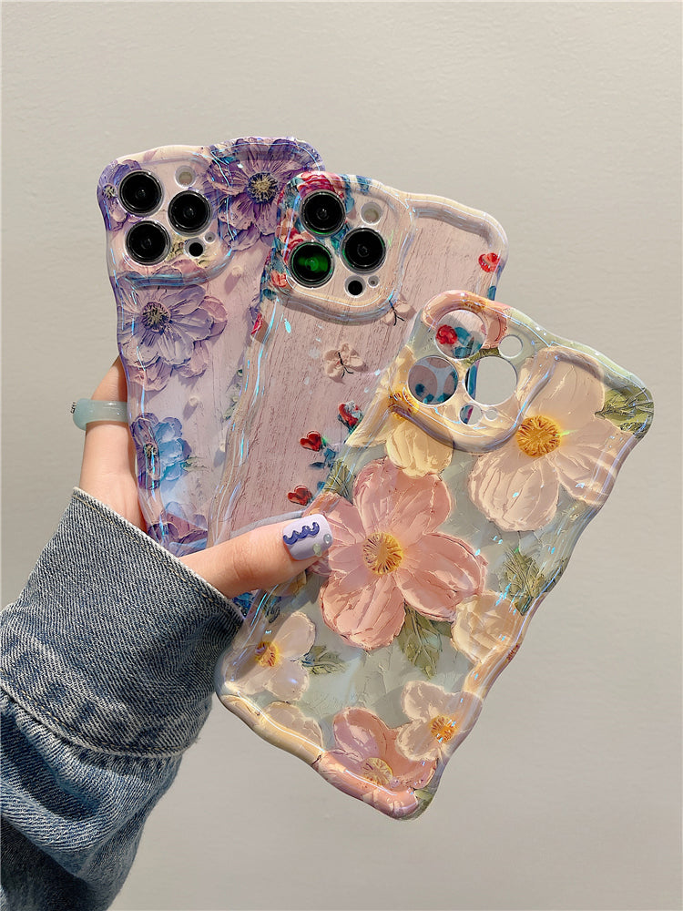 ins oil painting dot diamond flower glitter beautiful and cute lens film suitable for iPhone/Samsung series silicone women's anti-fall mobile phone case