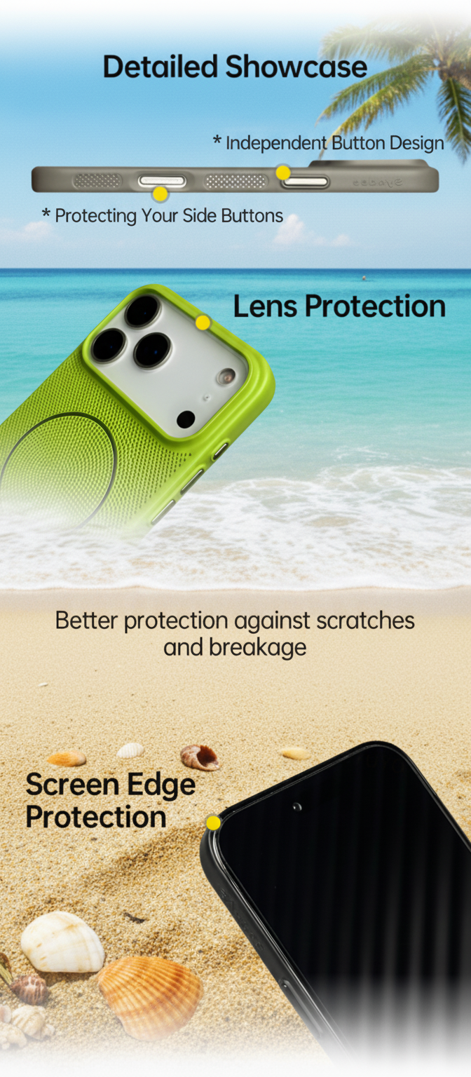CaseSun iPhone 17 Series Breathable Magnetic Case – Side button close-up with lens and screen edge protection