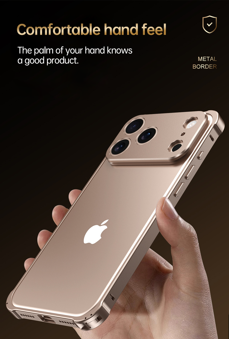 CASESUN iPhone 17 Pro Max metal frame case in hand, showing smooth contour and brushed metallic texture.