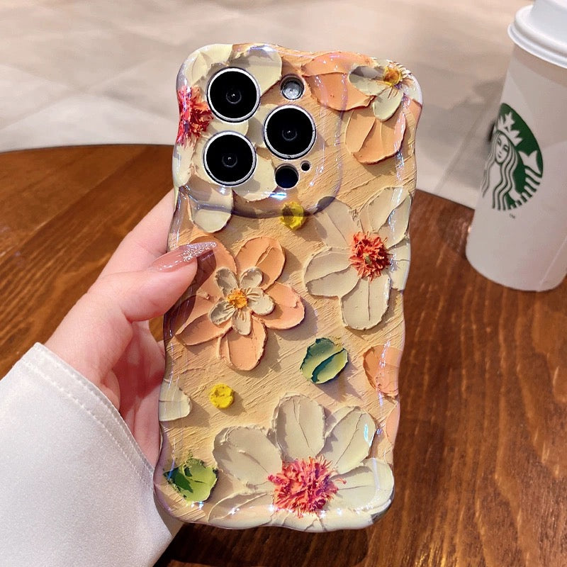 Ins Hot oil painting colorful flowers new anti-fall Blu-ray phone case with lanyard for iPhone