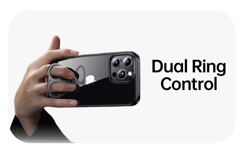 CaseSun-Hand gripping iPhone 17 Pro Max case using dual ring control for stable one-handed use.