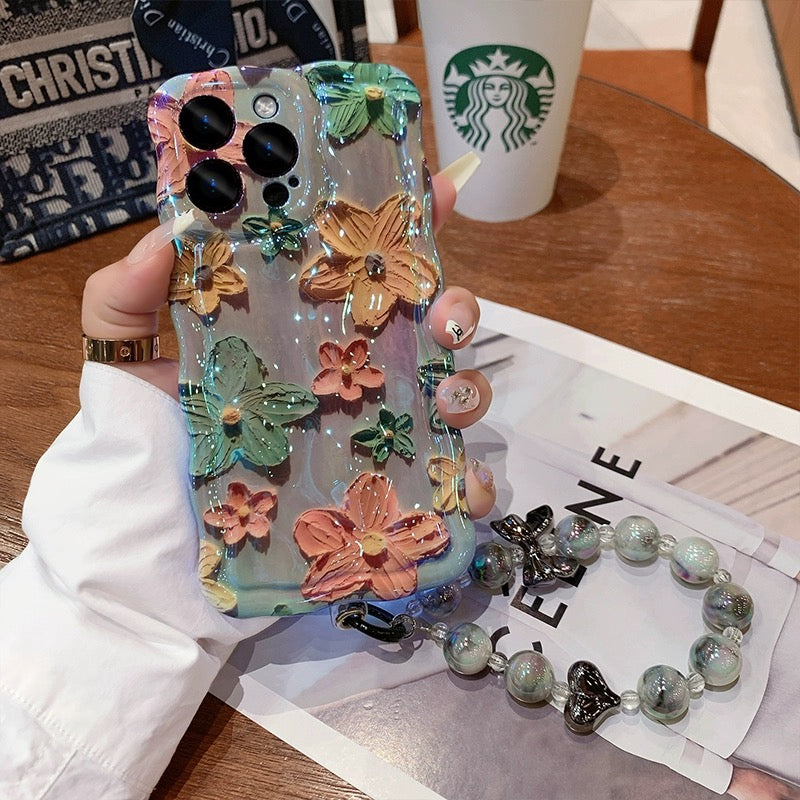 Ins Hot oil painting colorful flowers new anti-fall Blu-ray phone case with lanyard for iPhone