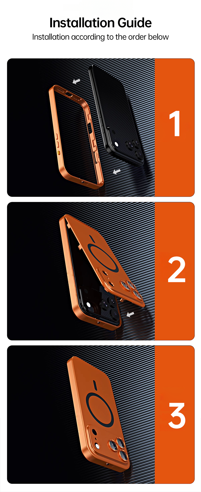 CASESUN-Step-by-step assembly images showing case frame, back cover, and completed installation on iPhone 17 Pro Max.