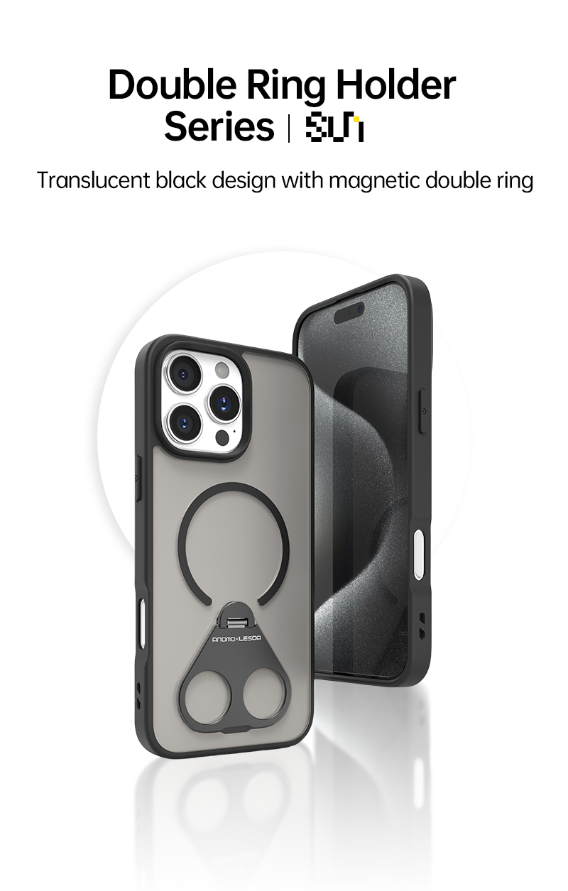 CaseSun-Double Ring Holder Series iPhone 17 Pro Max case in translucent black with integrated dual stand and magnetic support.