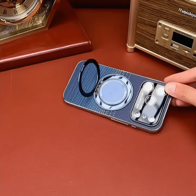 CASESUN blue Kevlar-style iPhone 17 Pro Max magnetic case showing detachable metal ring stand and integrated lens protection module with precision-fit alignment.