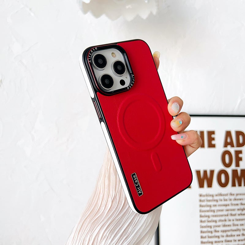 Crash-proof Phone case with color-pigmented leather and metal buttons.