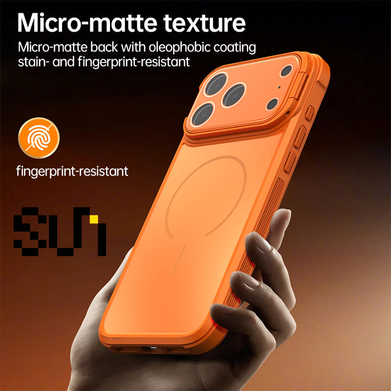 CASESUN Micro-matte back resists fingerprints and stains on iPhone 17 Pro Max MagSafe case.