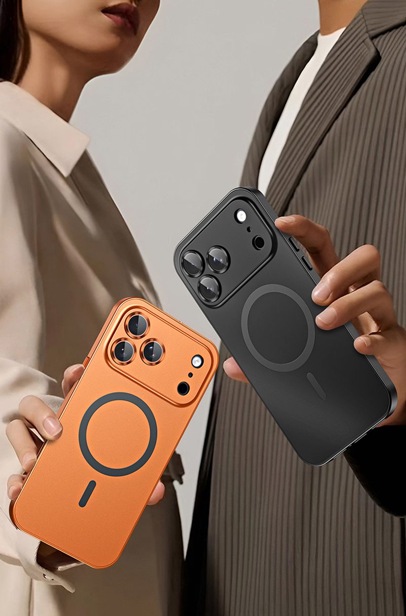 CASESUN-Man and woman holding orange and black iPhone 17 Pro Max cases, styled with modern minimalist outfits.