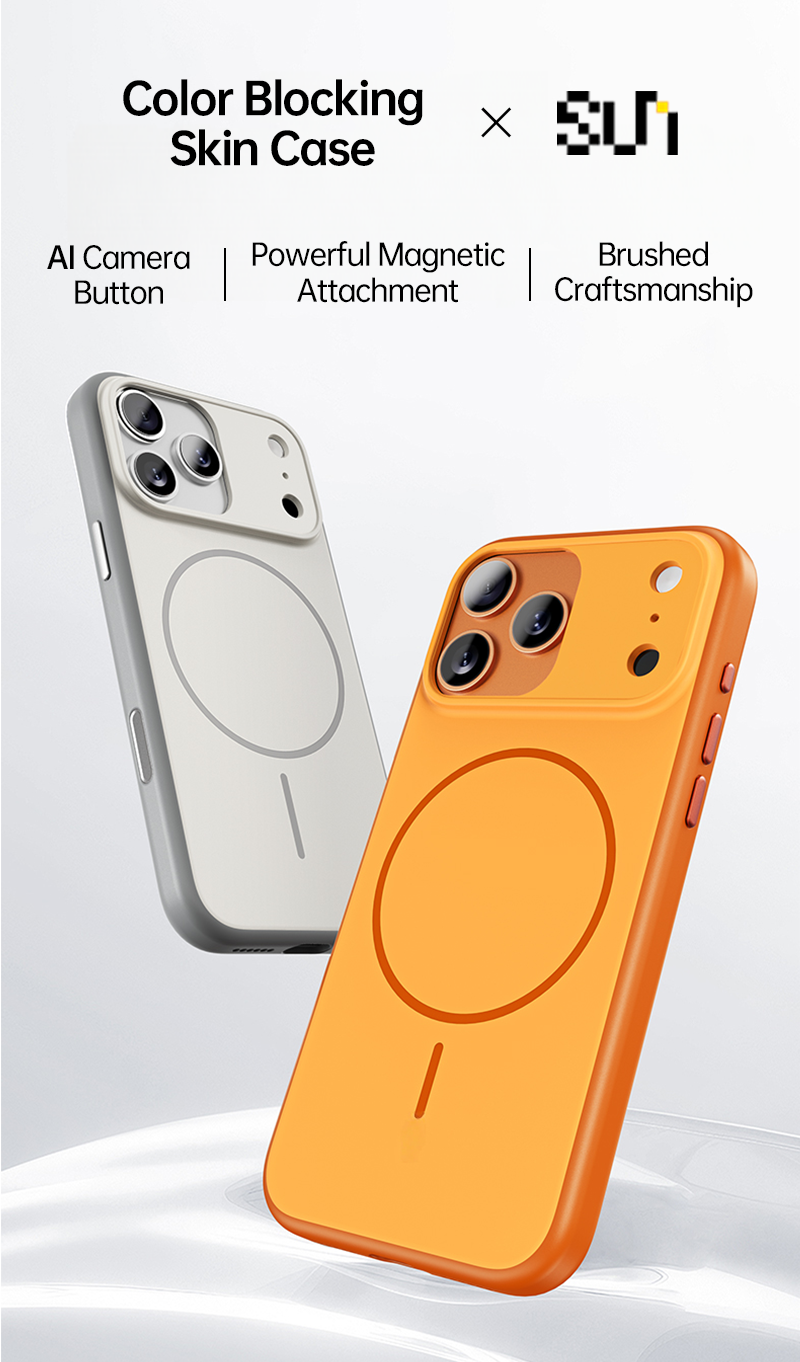 CASESUN-iPhone 17 Pro Max cases in dual-color block design (orange and white) showing MagSafe ring and sleek matte finish.