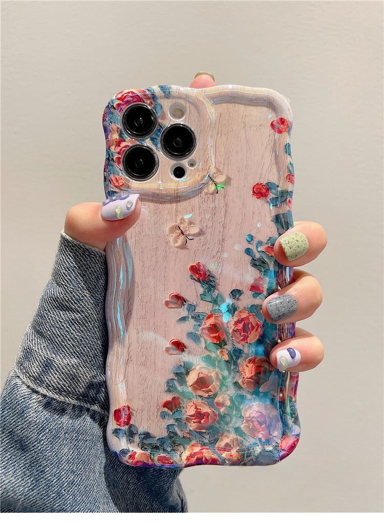 ins oil painting dot diamond flower glitter beautiful and cute lens film suitable for iPhone/Samsung series silicone women's anti-fall mobile phone case