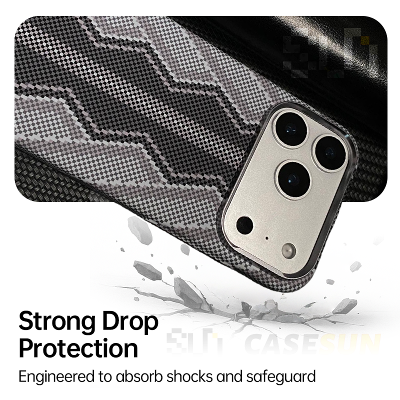 CASESUN Shockproof Kevlar-case drop protection visual with camera area shown.