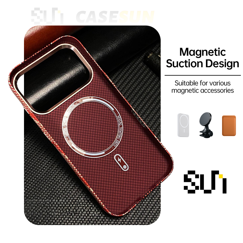 CASESUN : Interior MagSafe ring inside the Kevlar case for accessory compatibility.
