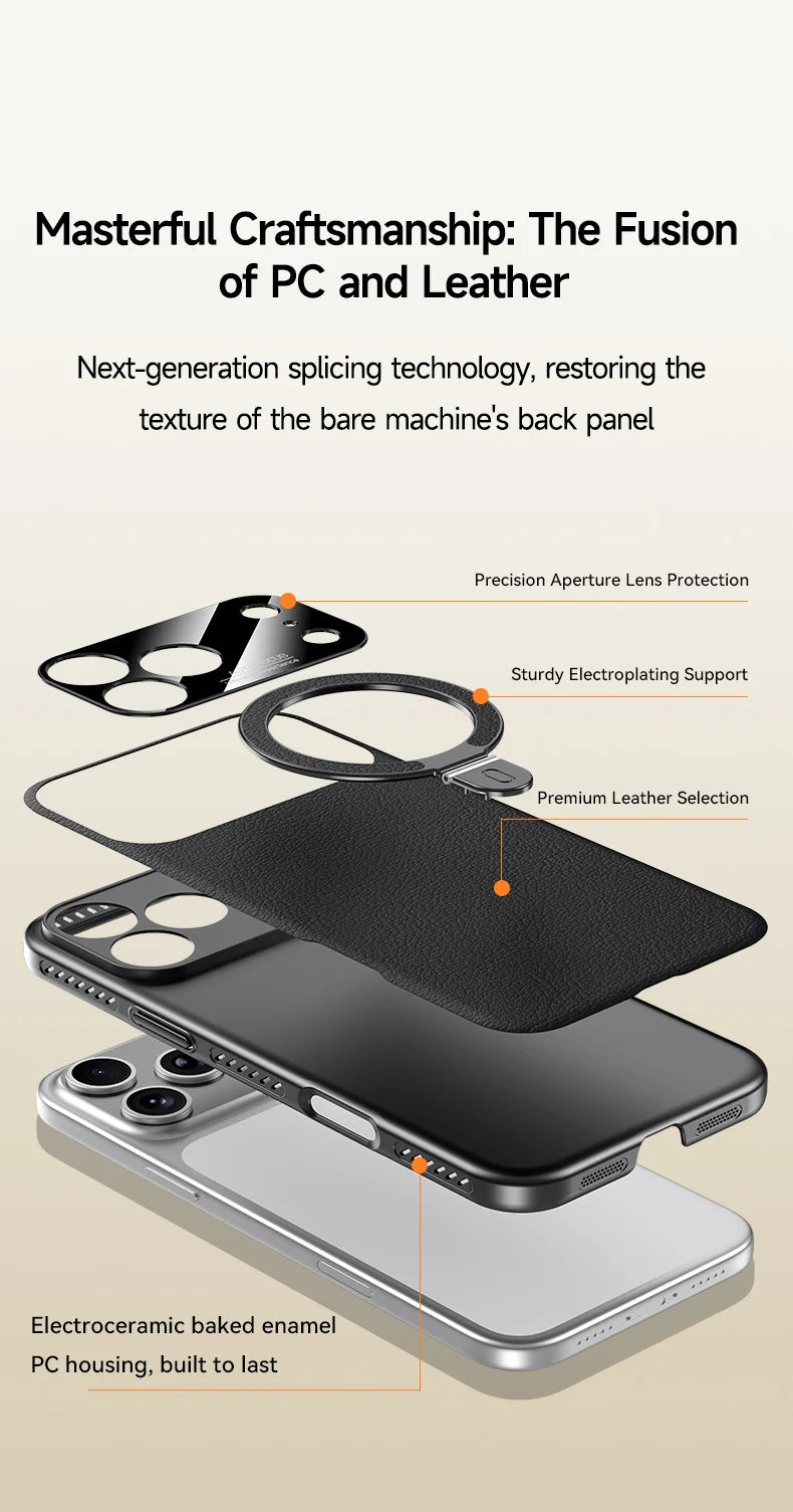 CASESUN layered structure showing PC housing, vegan leather and metal pivot ring.