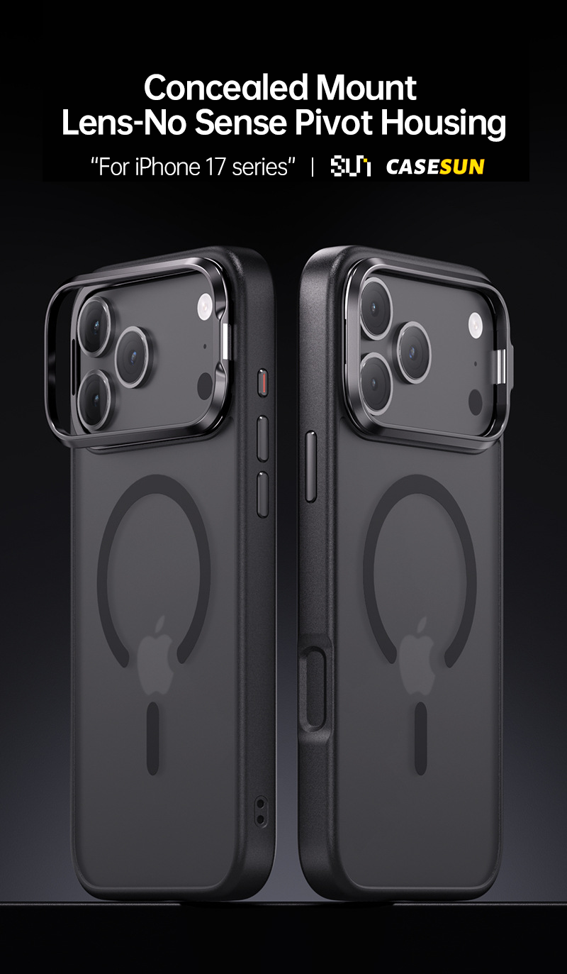CaseSun-Close-up view of the CASESUN case for iPhone 17 Pro, showing the sleek concealed lens bracket design, seamlessly integrated into the case without disrupting the phone's appearance.