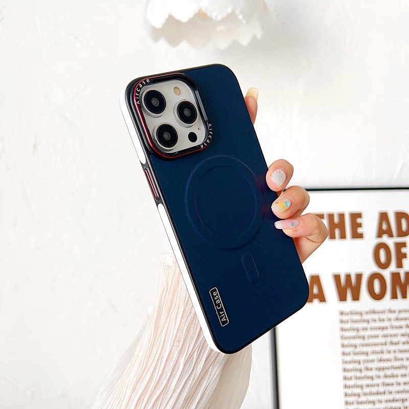 Crash-proof Phone case with color-pigmented leather and metal buttons.